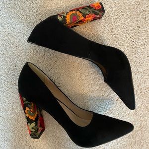 Black suede point heels ,with embroidered heel